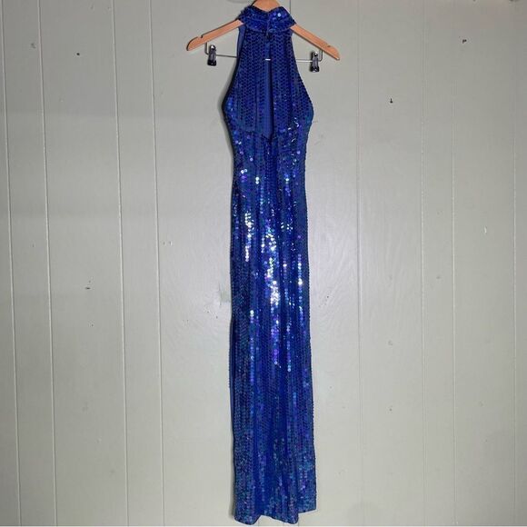 Vintage 90s Iridescent Blue Sequin Open Back Slit Dress by Robert Anthony Size 6 - Picture 5 of 9